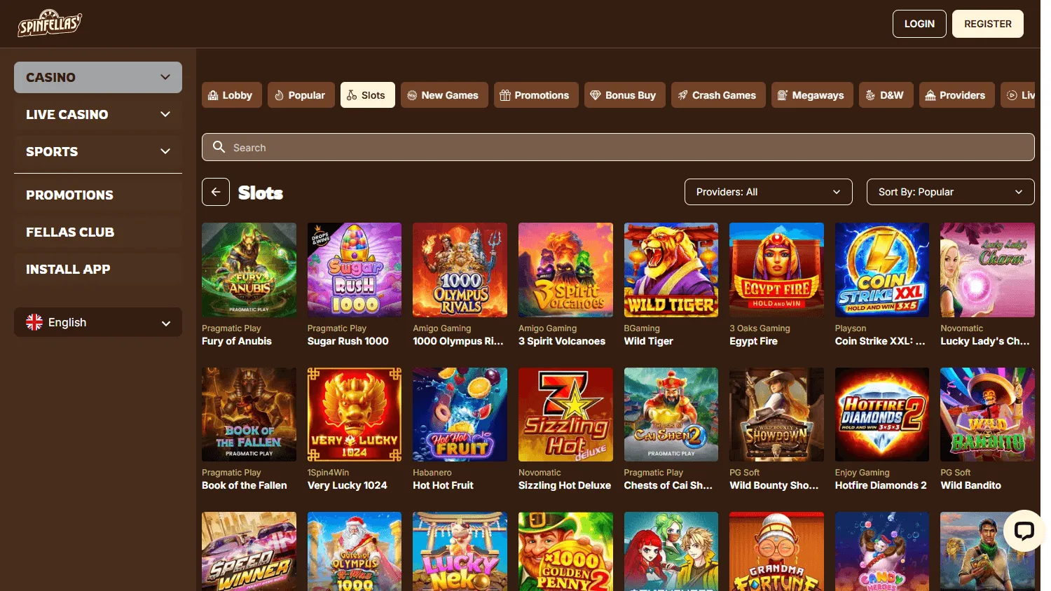 Spinfellas Casino desktop games environment with casino categories