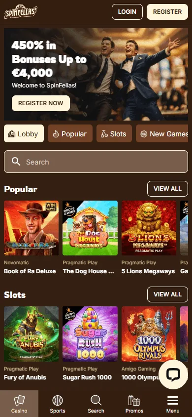 Spinfellas Casino mobile web app home environment