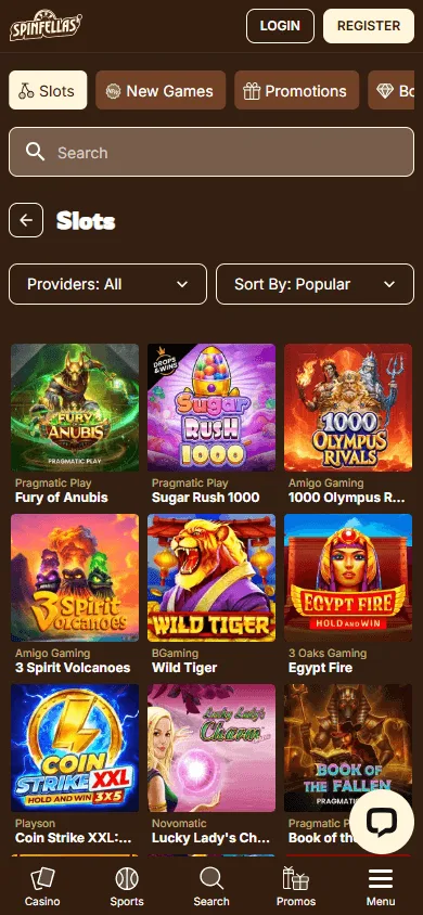 Spinfellas Casino mobile games environment with casino categories