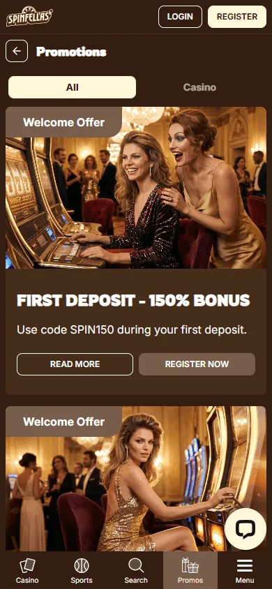 Spinfellas Casino mobile promotions environment with bonus offers