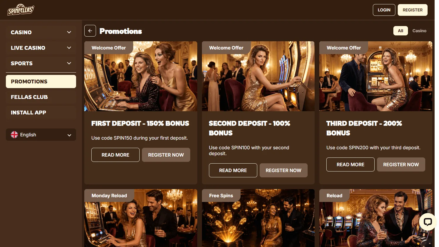 Spinfellas Casino desktop promotions environment with welcome and recurring offers