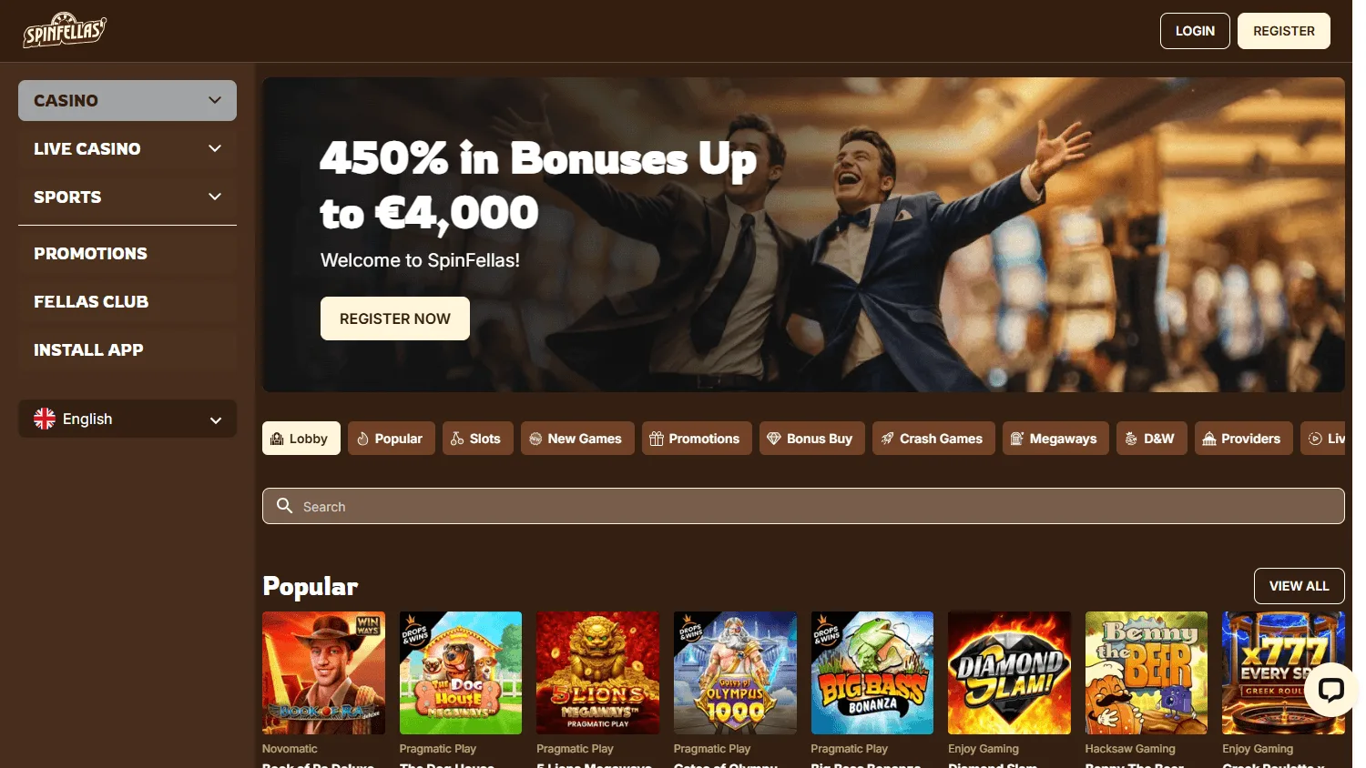 Spinfellas Casino desktop home environment with casino and account features